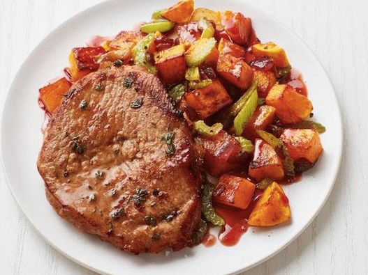 فوتو لحم الخنزير المتندر مع اليقطين الحلو والحامض